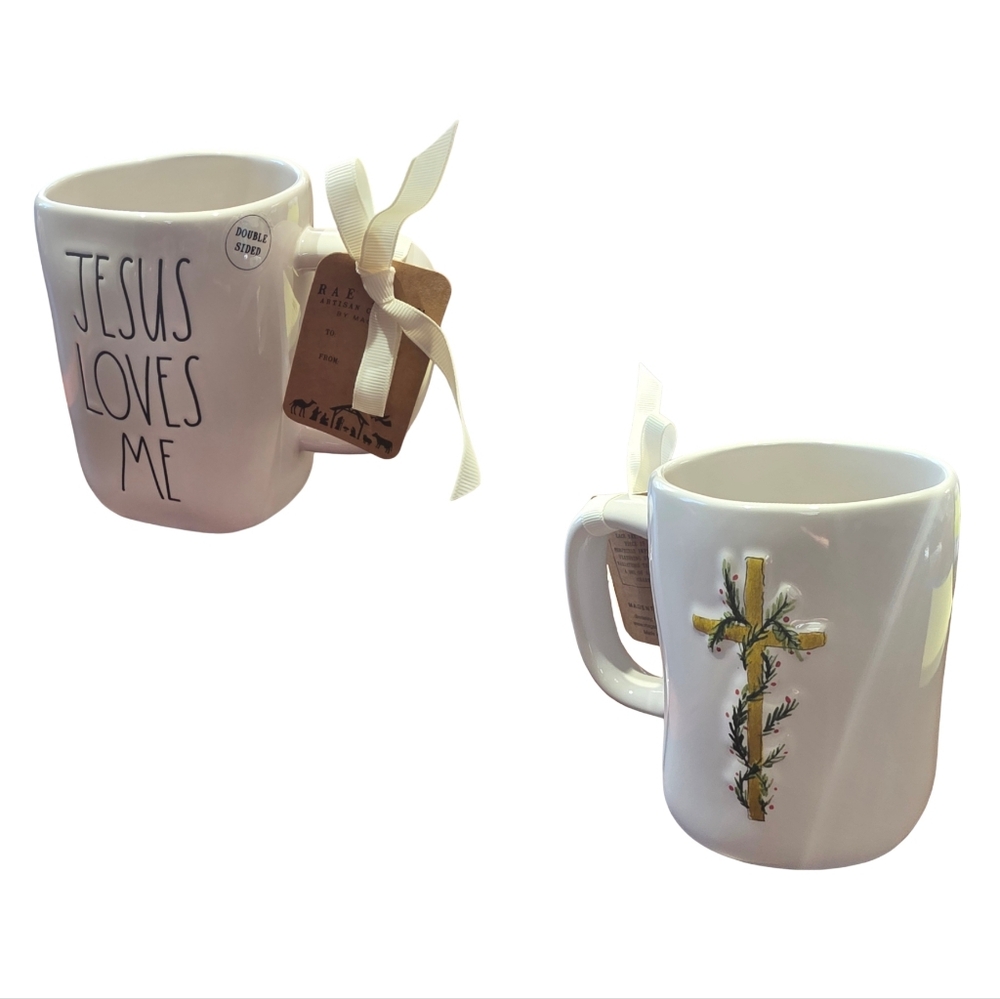 Rae Dunn by Magenta "Jesus Loves Me" Double Sided Ceramic Mug NEW
